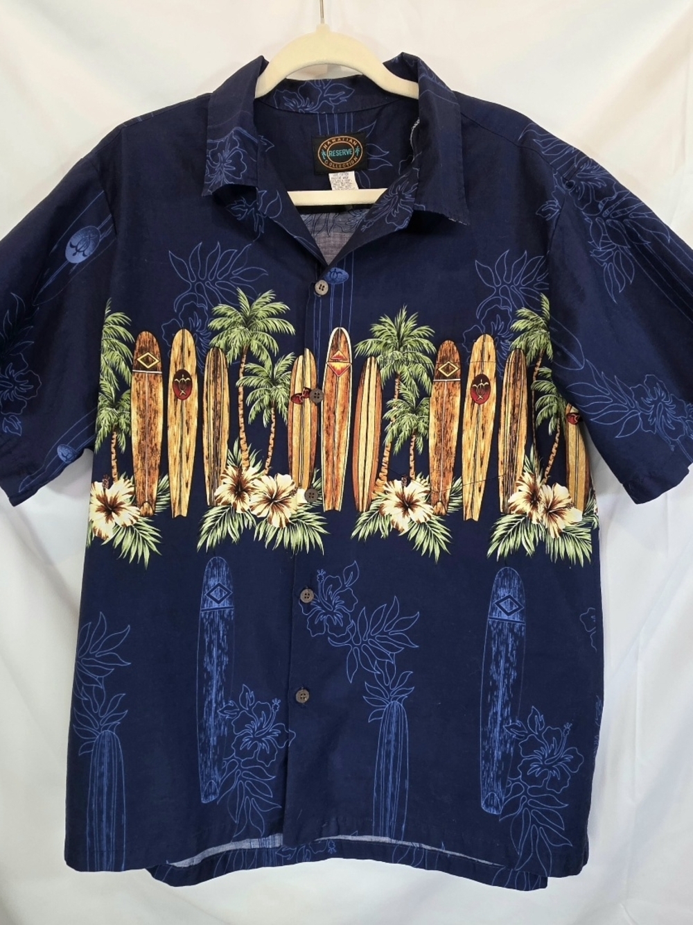 Hawaiian Reserve Collection Men's Tropical Navy Surfboard Summer Shirt Size L